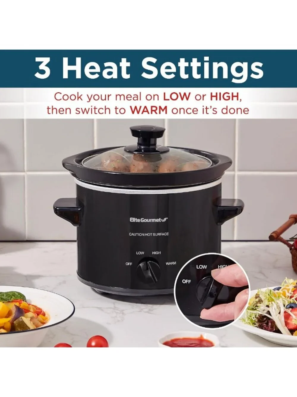 2 Quart Electric Round Slow Cooker - Adjustable Temp for Entrees, Sauces & Dips
